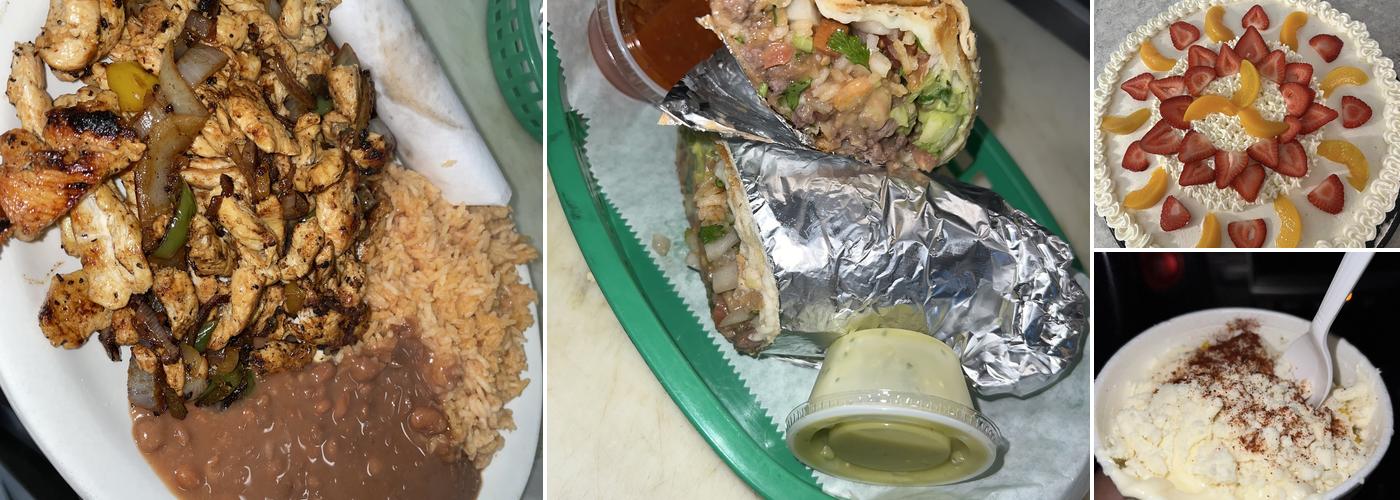 A packed La Dueña burrito wrapped in foil with a side of avocado-tomatillo salsa